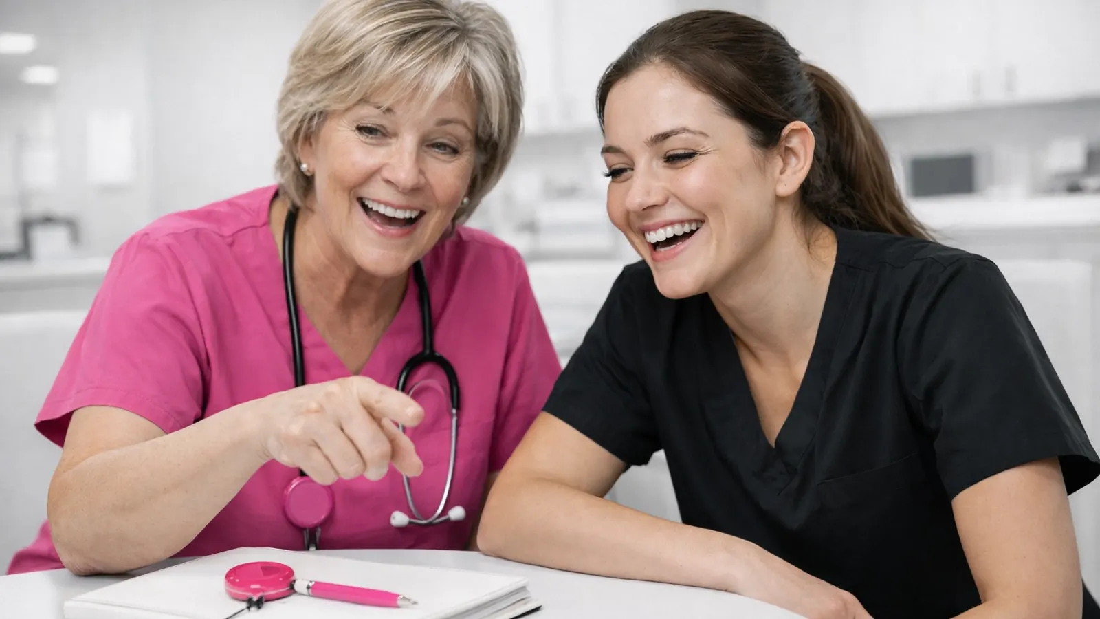 Nurse mentor laughing with a colleague