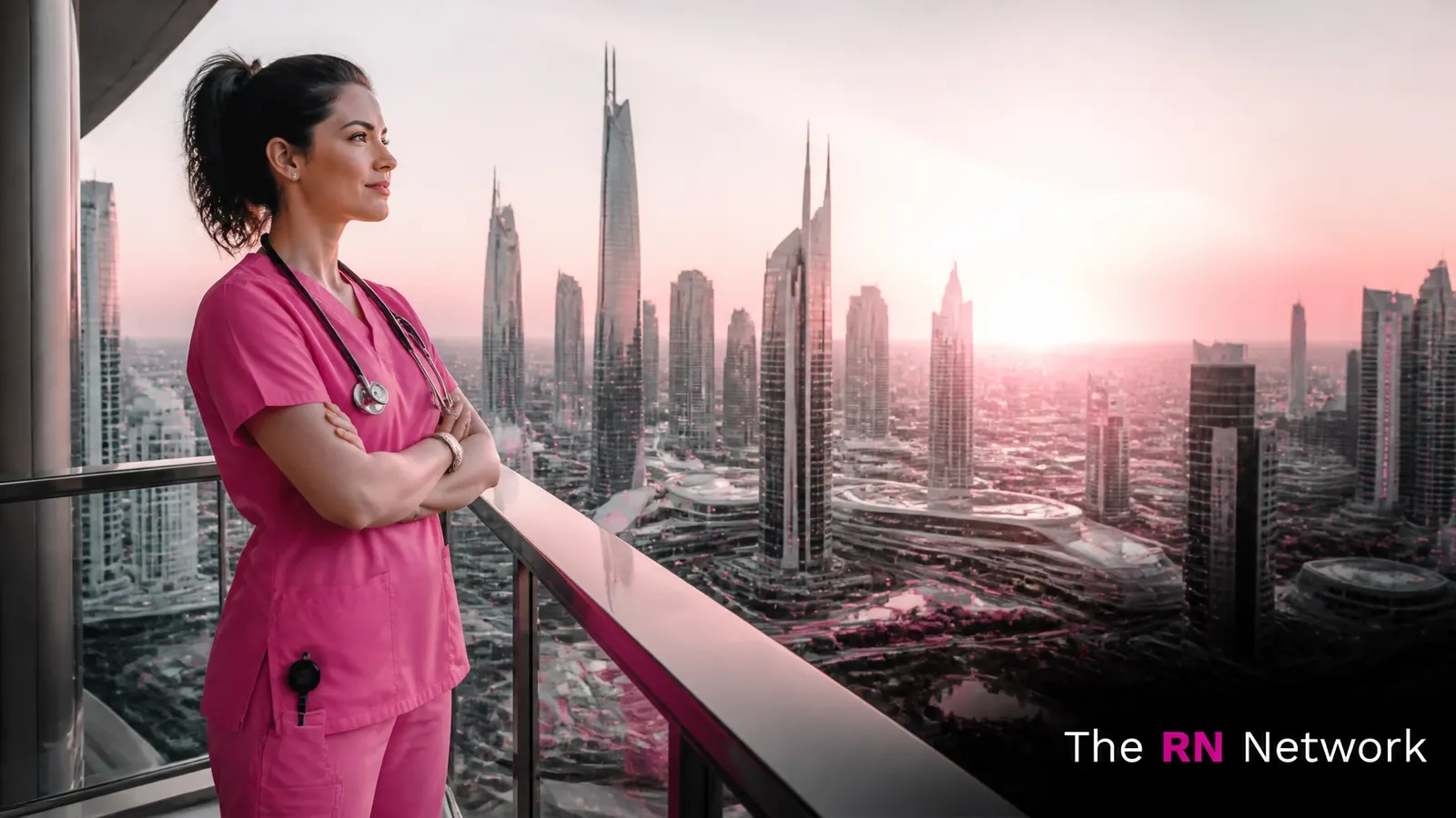 Nurse overlooking a city skyline at sunrise