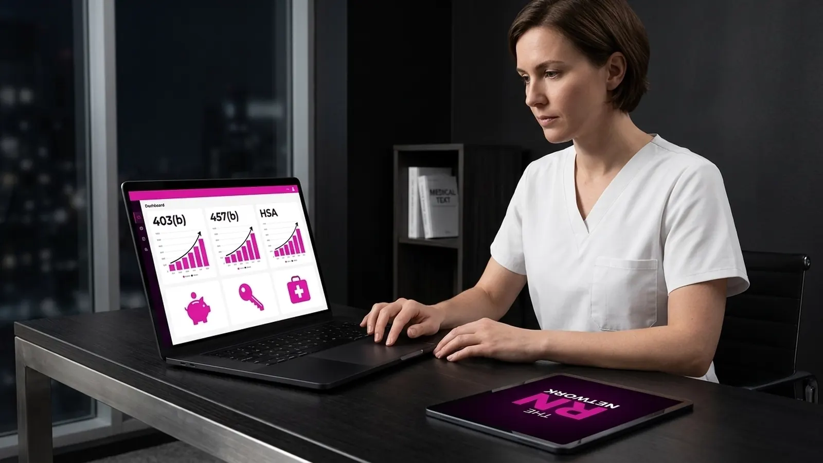 Nurse planning finances on a laptop