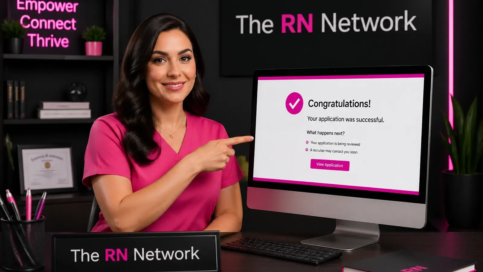 Nurse pointing to a successful application on screen