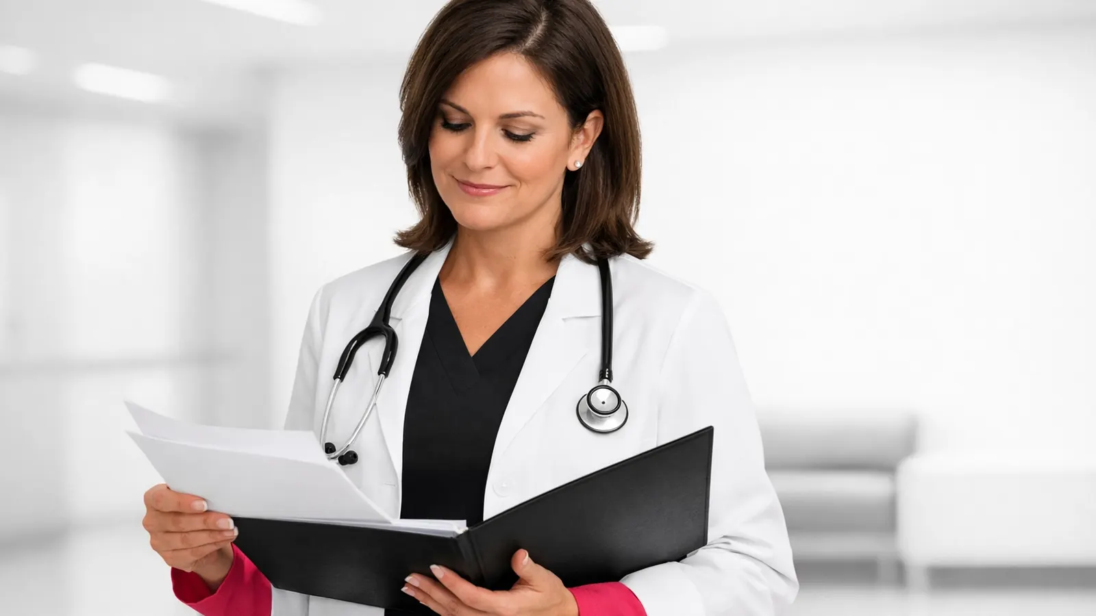 Nurse practitioner in a white coat reading a chart