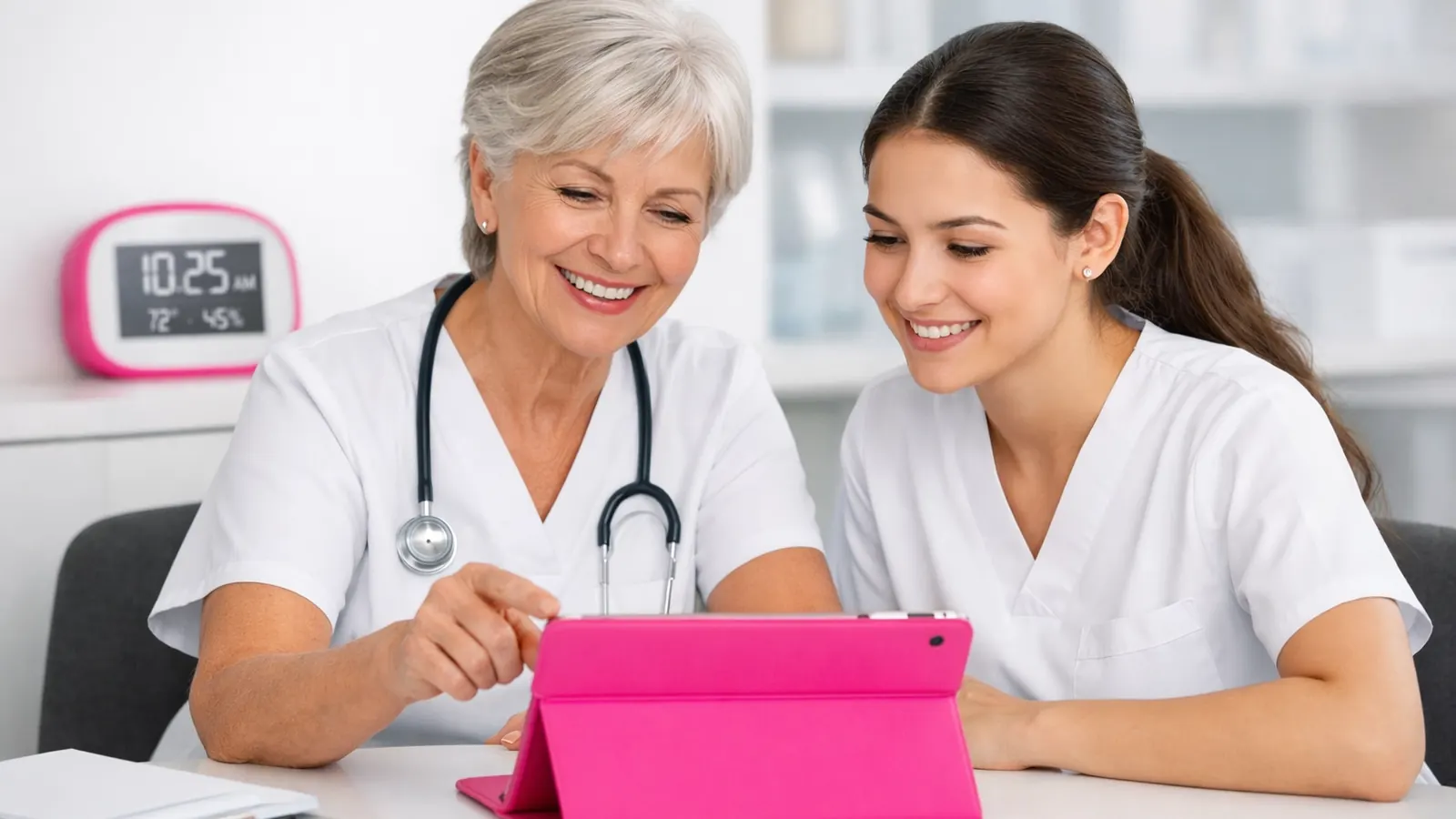 Nurse preceptor teaching a new nurse on a tablet