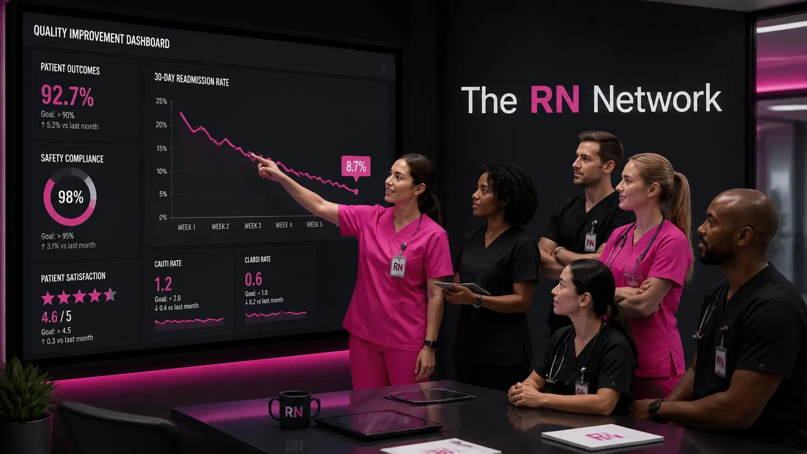 Nurse presenting a quality dashboard to her team