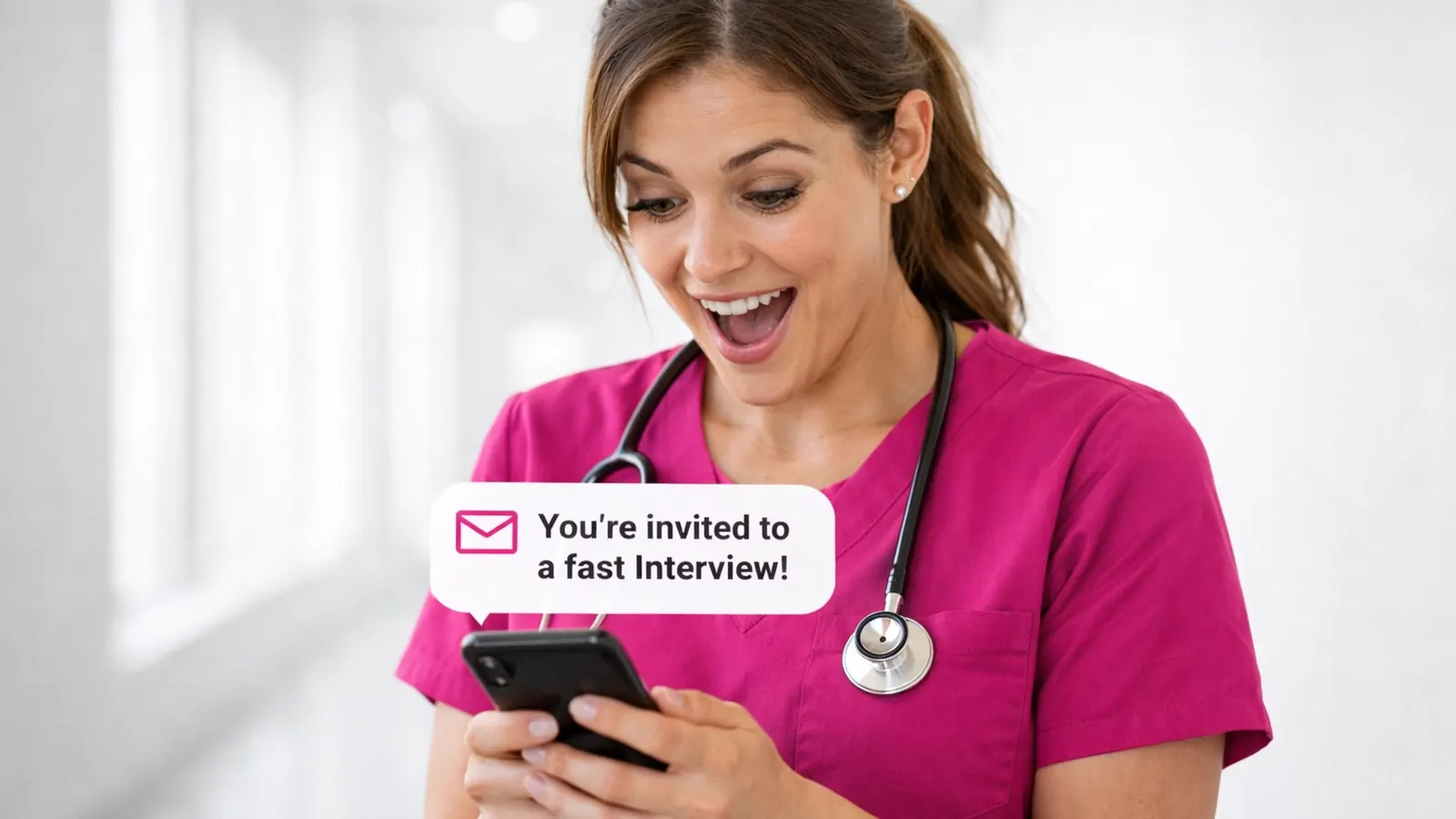 Excited nurse reading an interview invitation on her phone