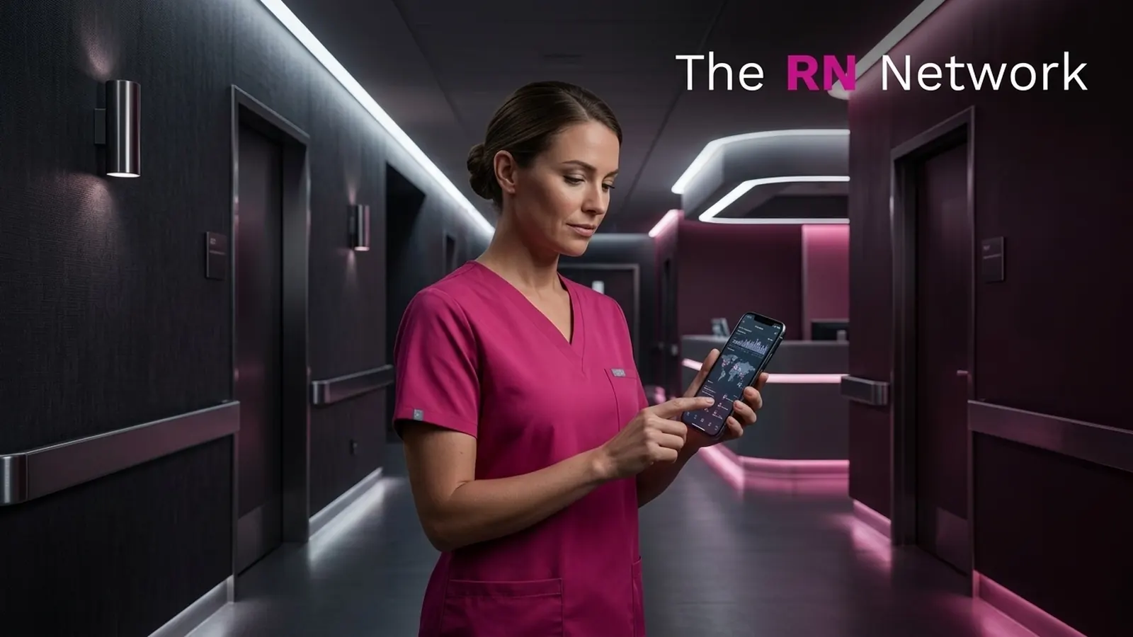 Nurse in pink scrubs reading a tablet in a hallway
