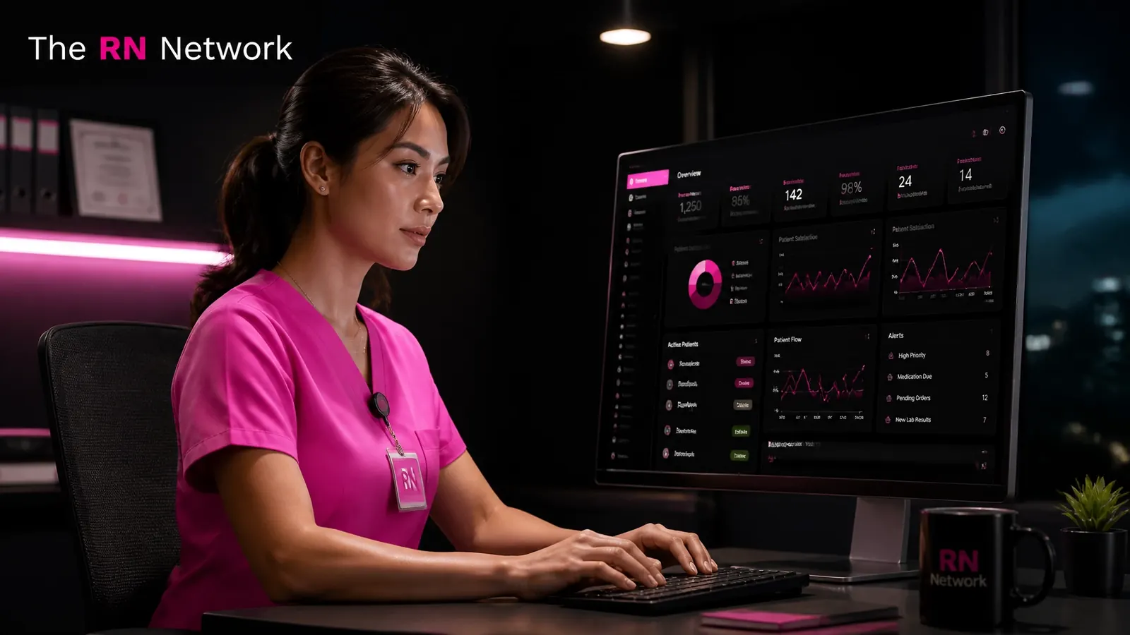 Nurse reviewing analytics on a computer screen