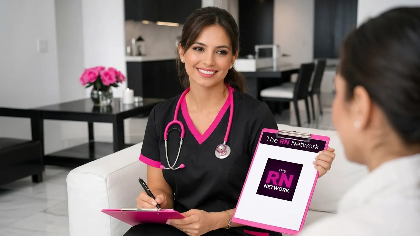 Smiling nurse holding a clipboard during a career planning conversation