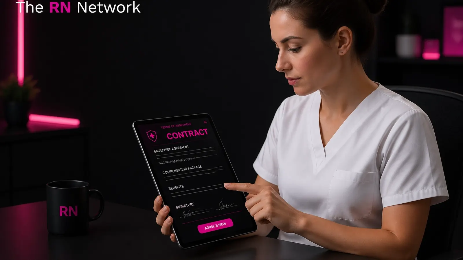 Nurse reviewing a contract on a tablet