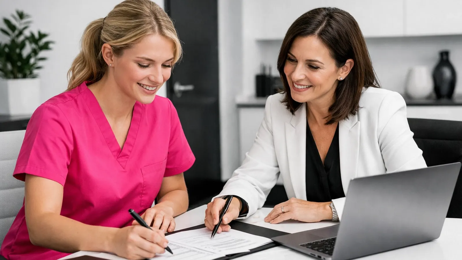 Nurse reviewing a contract with an advisor
