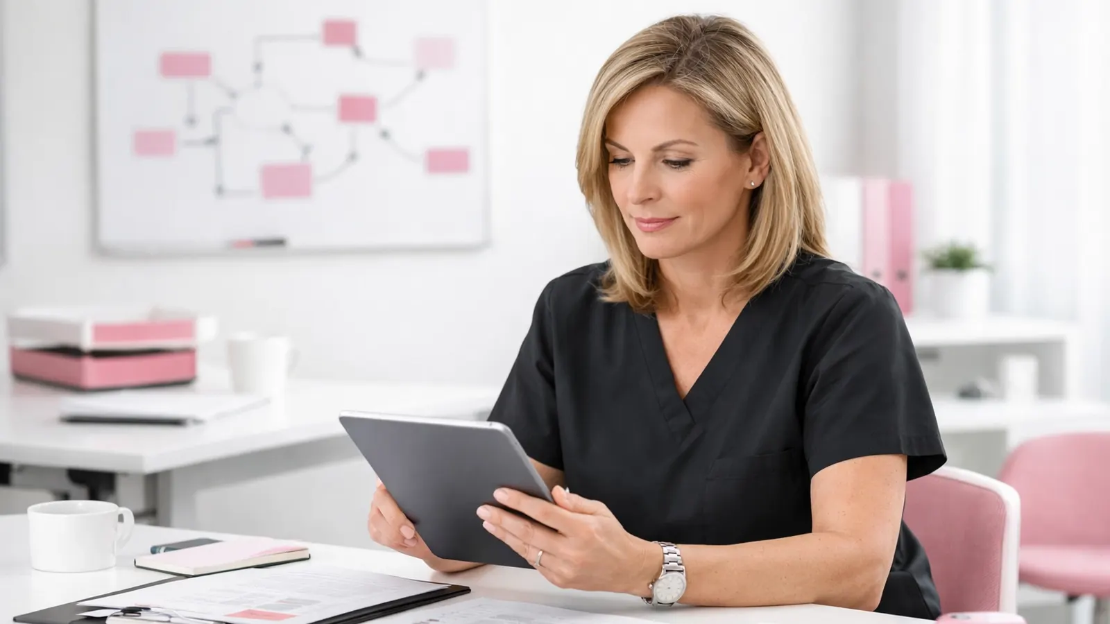 Nurse reviewing documents on a tablet