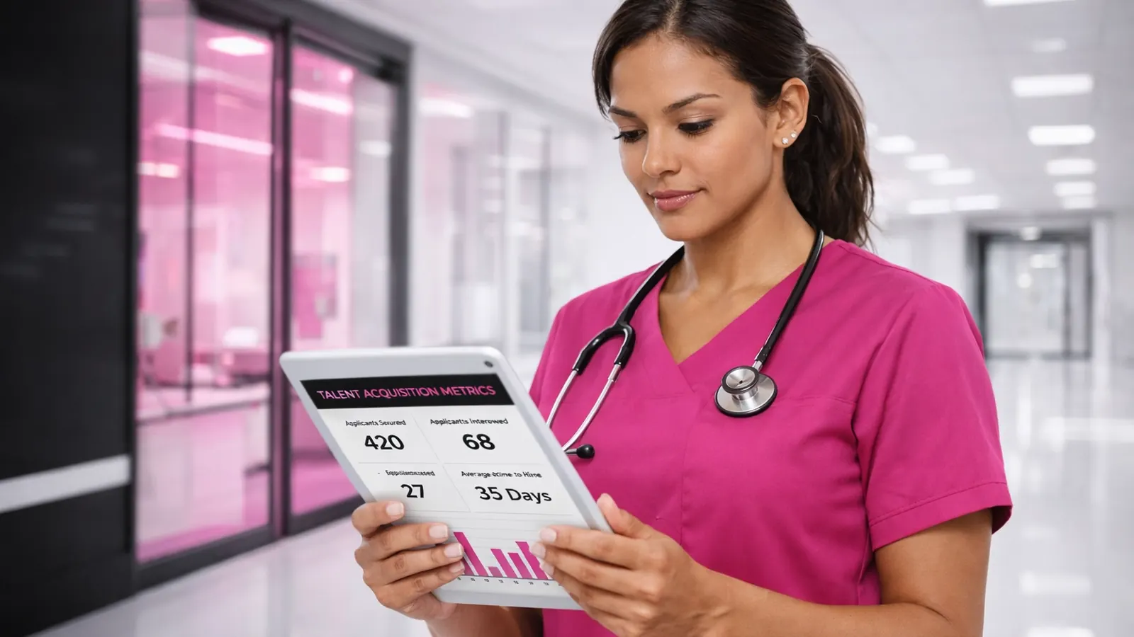 Nurse reviewing hiring metrics on a tablet