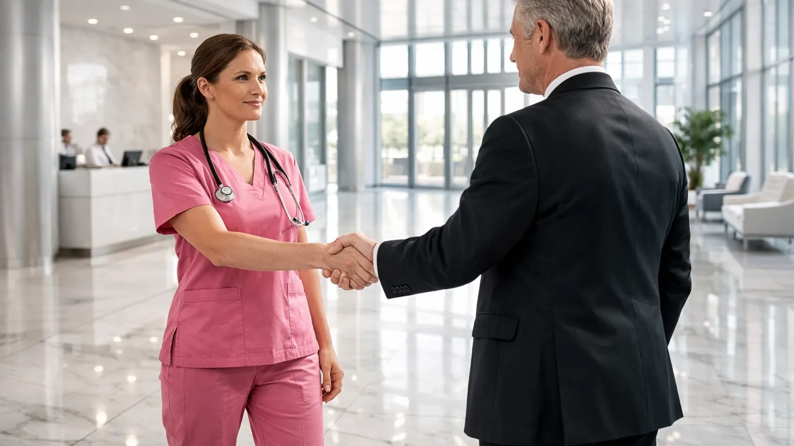 Nurse shaking hands with an agency leader in a lobby