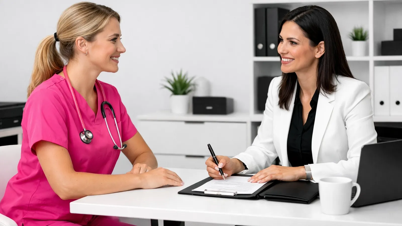 Nurse signing paperwork with a recruiter