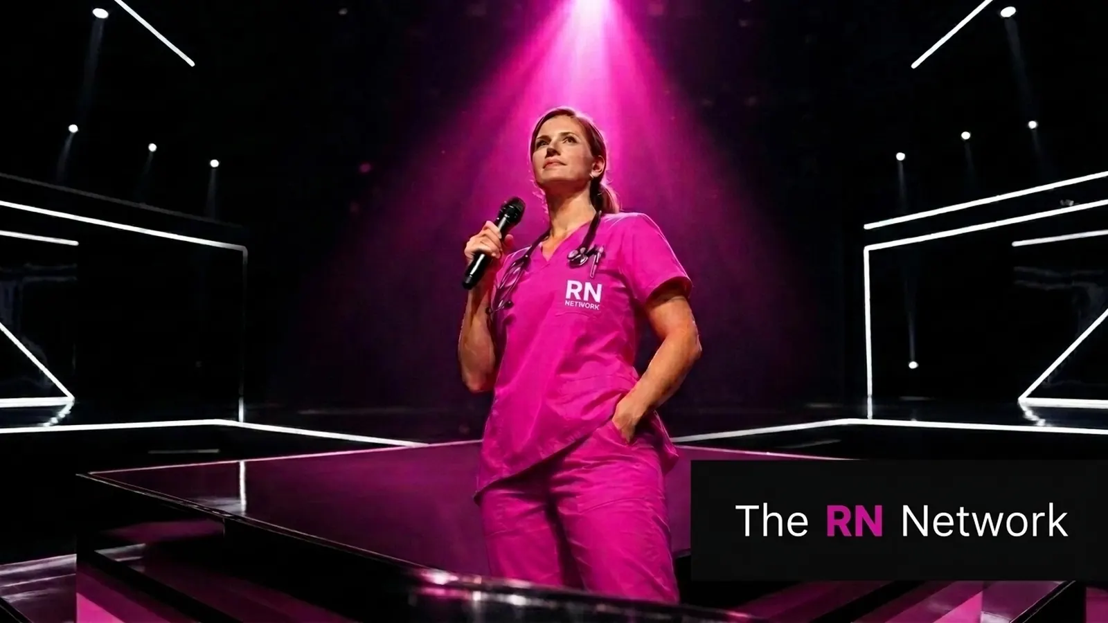 Nurse speaking on stage with a microphone