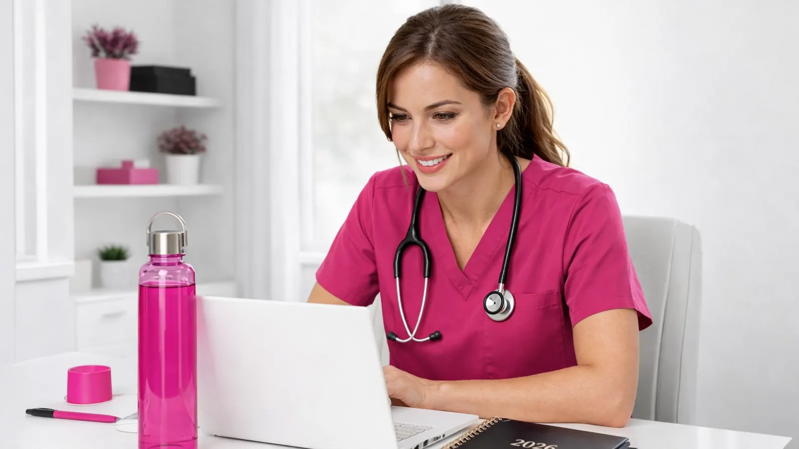 Nurse studying at a laptop in a bright room
