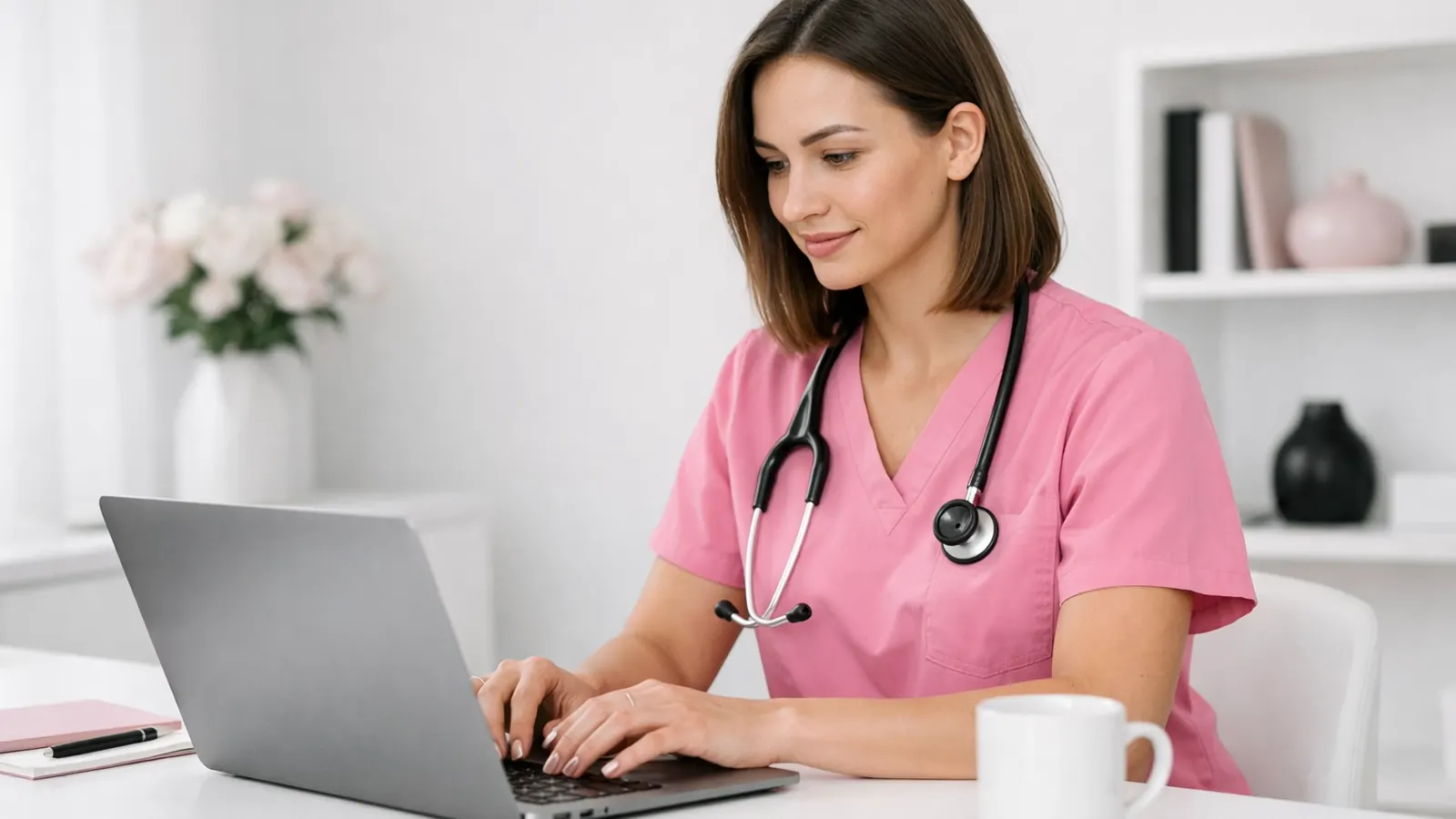 Nurse studying on a laptop in a bright room