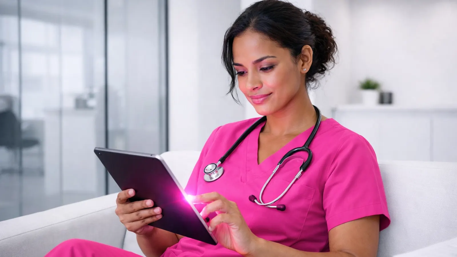 Nurse studying on a tablet