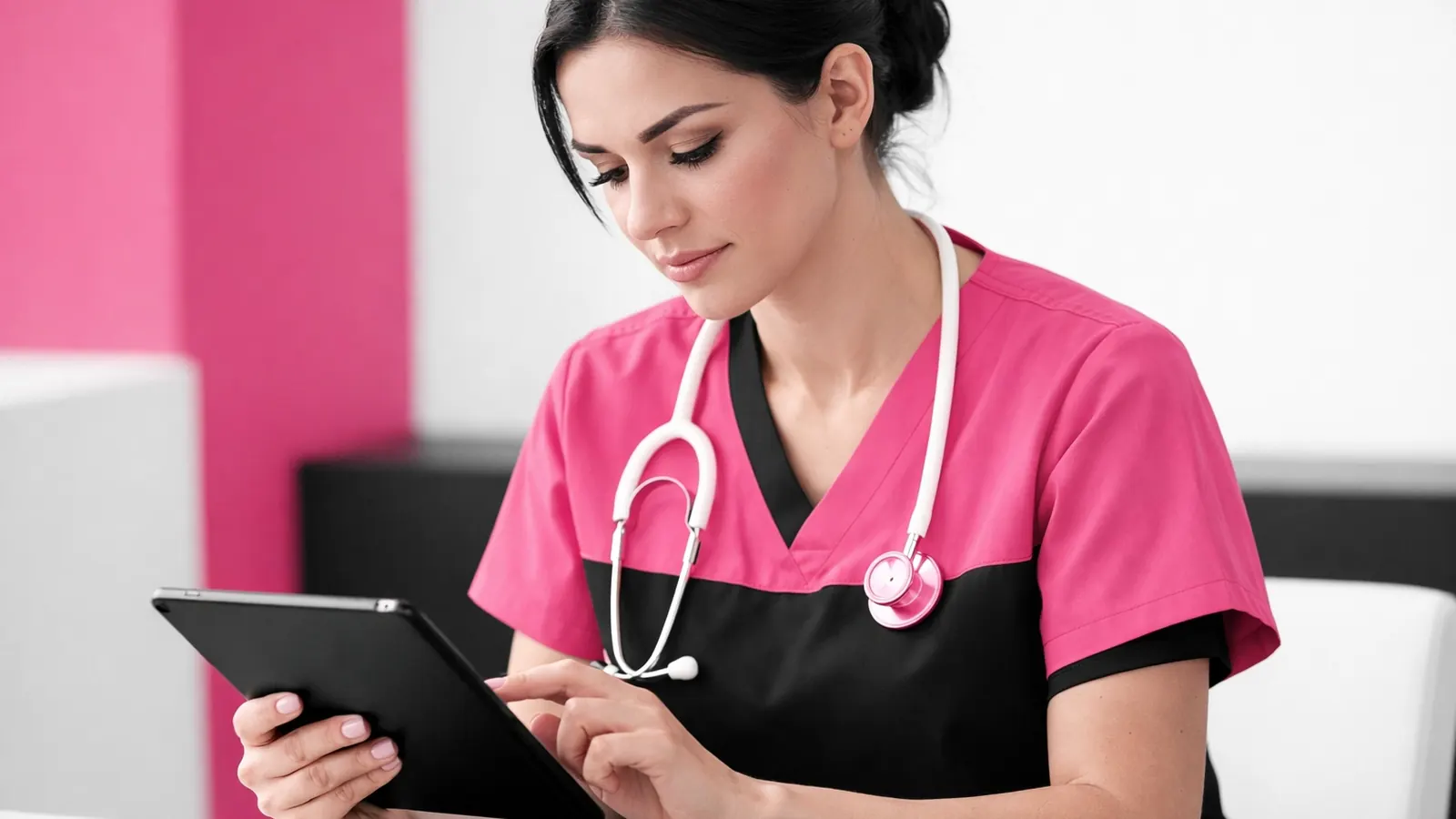 Nurse using a tablet in a clinic