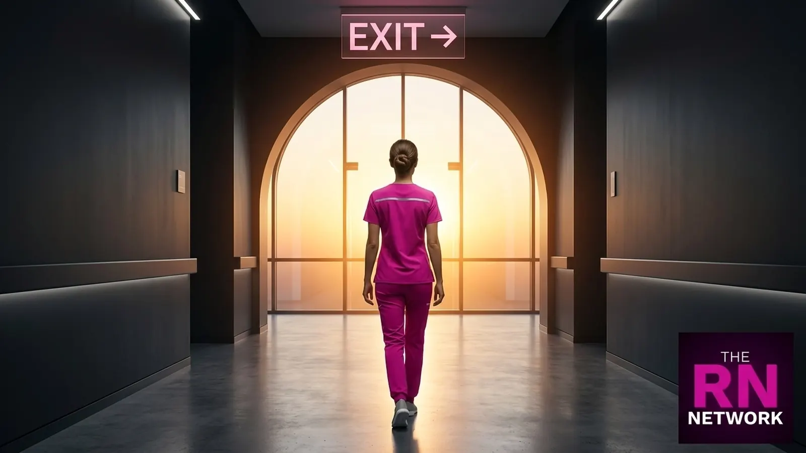 Nurse walking toward a bright doorway