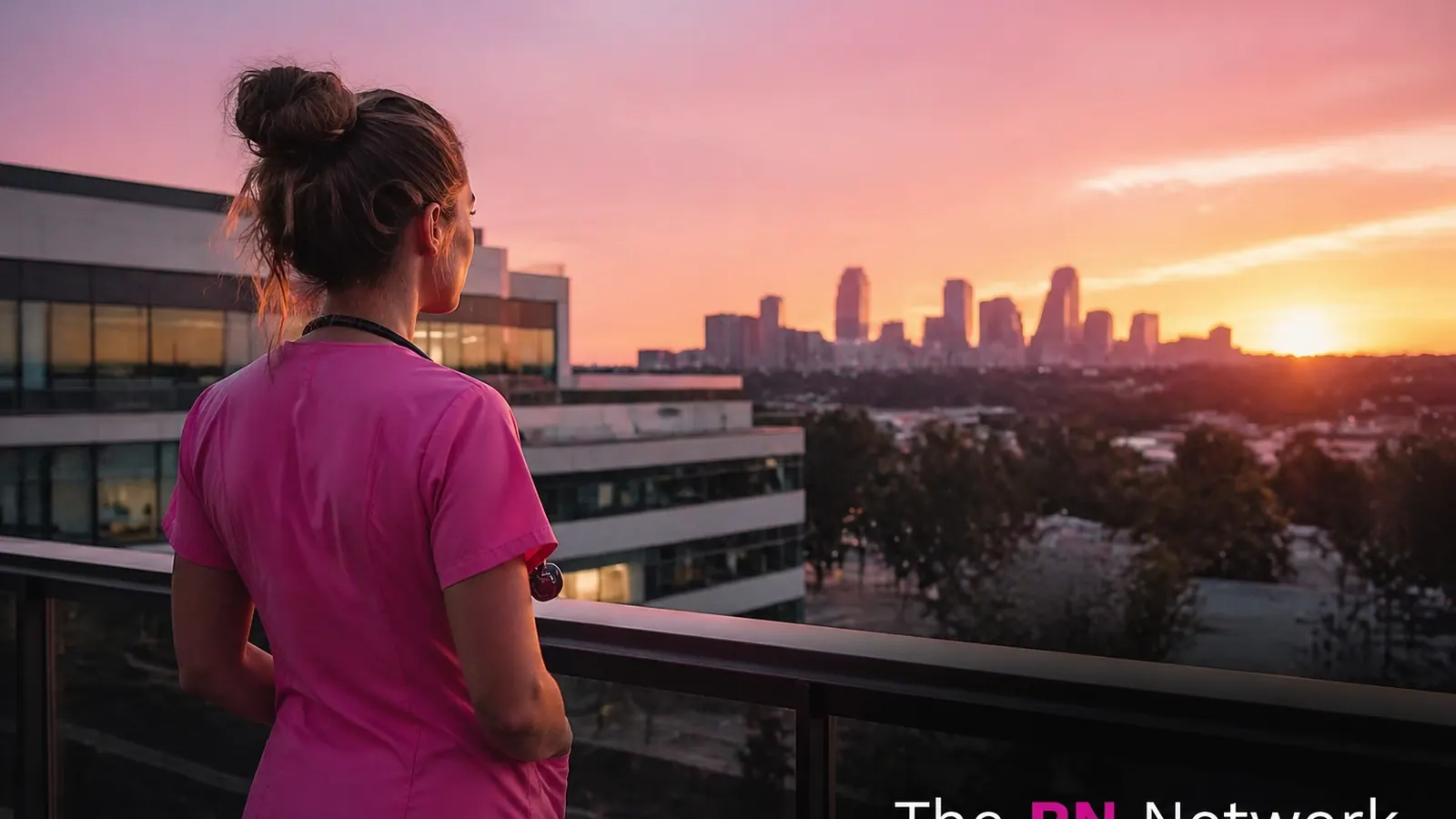 Nurse looking out over the city at sunset