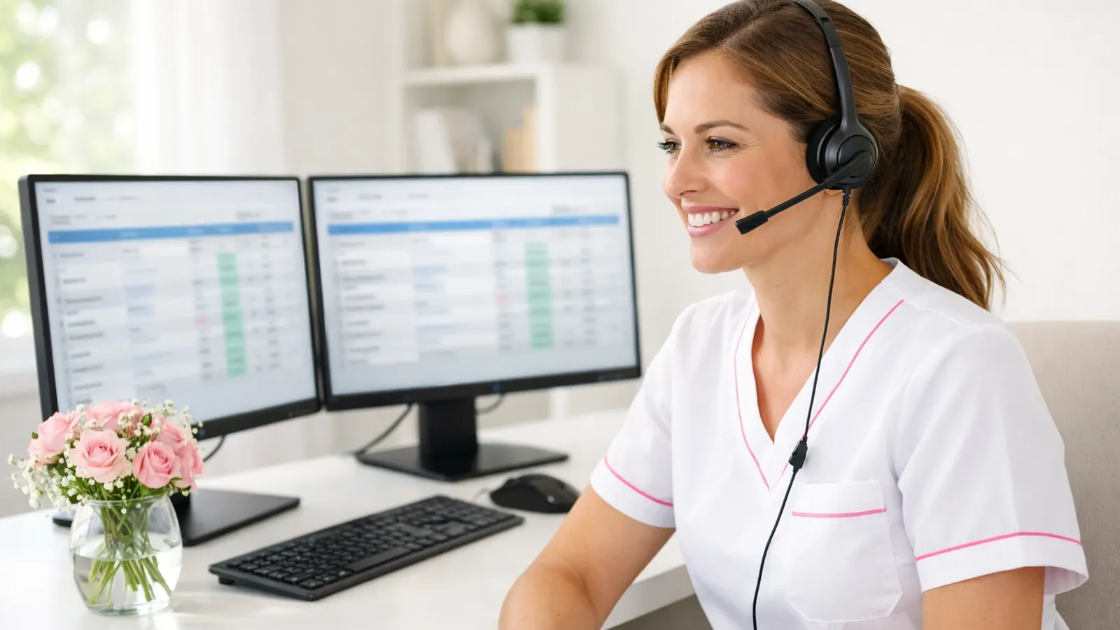 Nurse wearing a headset at a computer desk