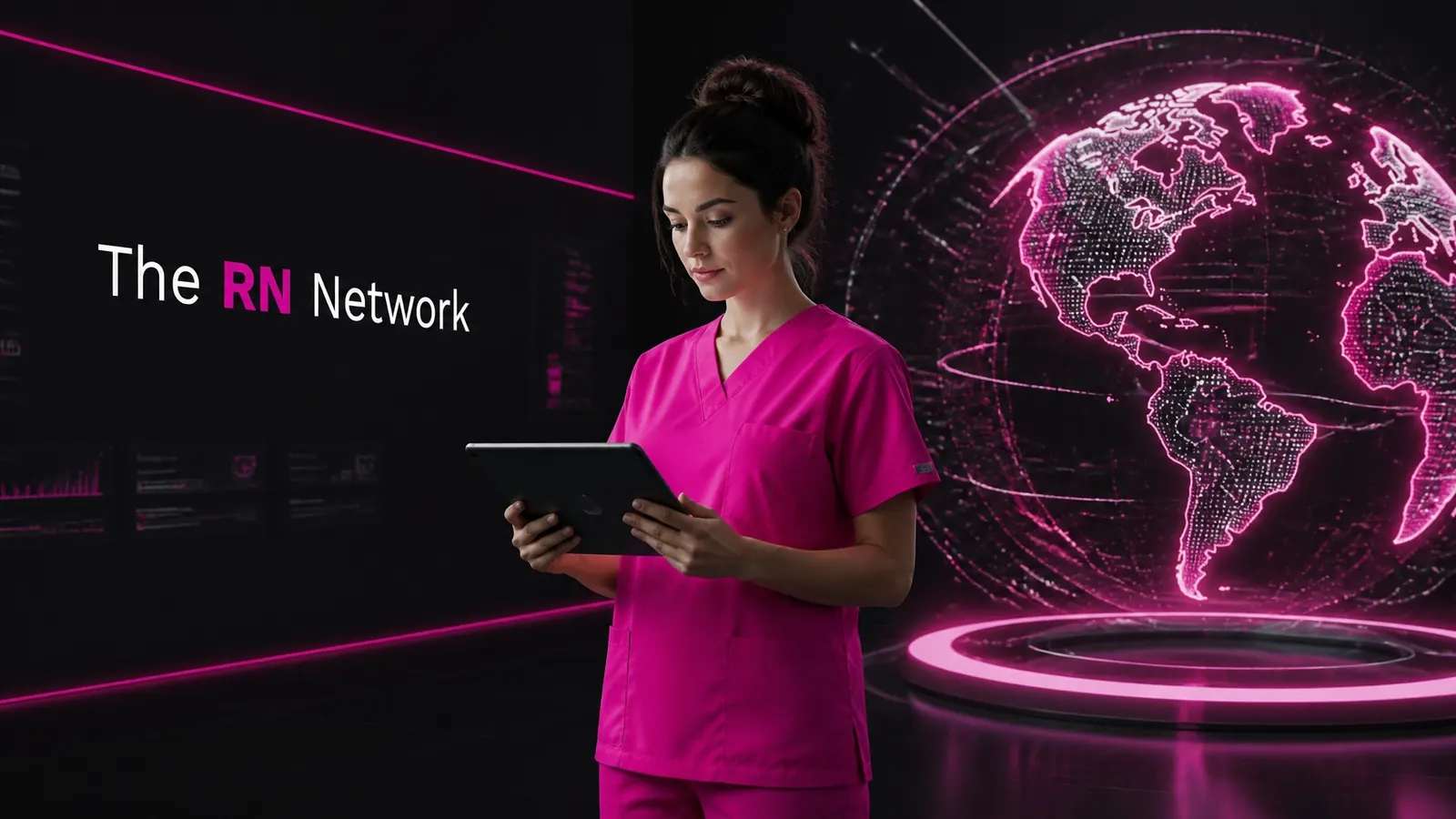 Nurse holding a tablet beside a glowing world map