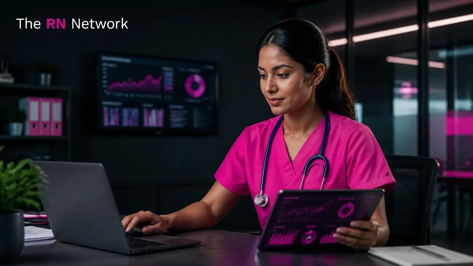 Nurse working on a laptop and tablet with data dashboards