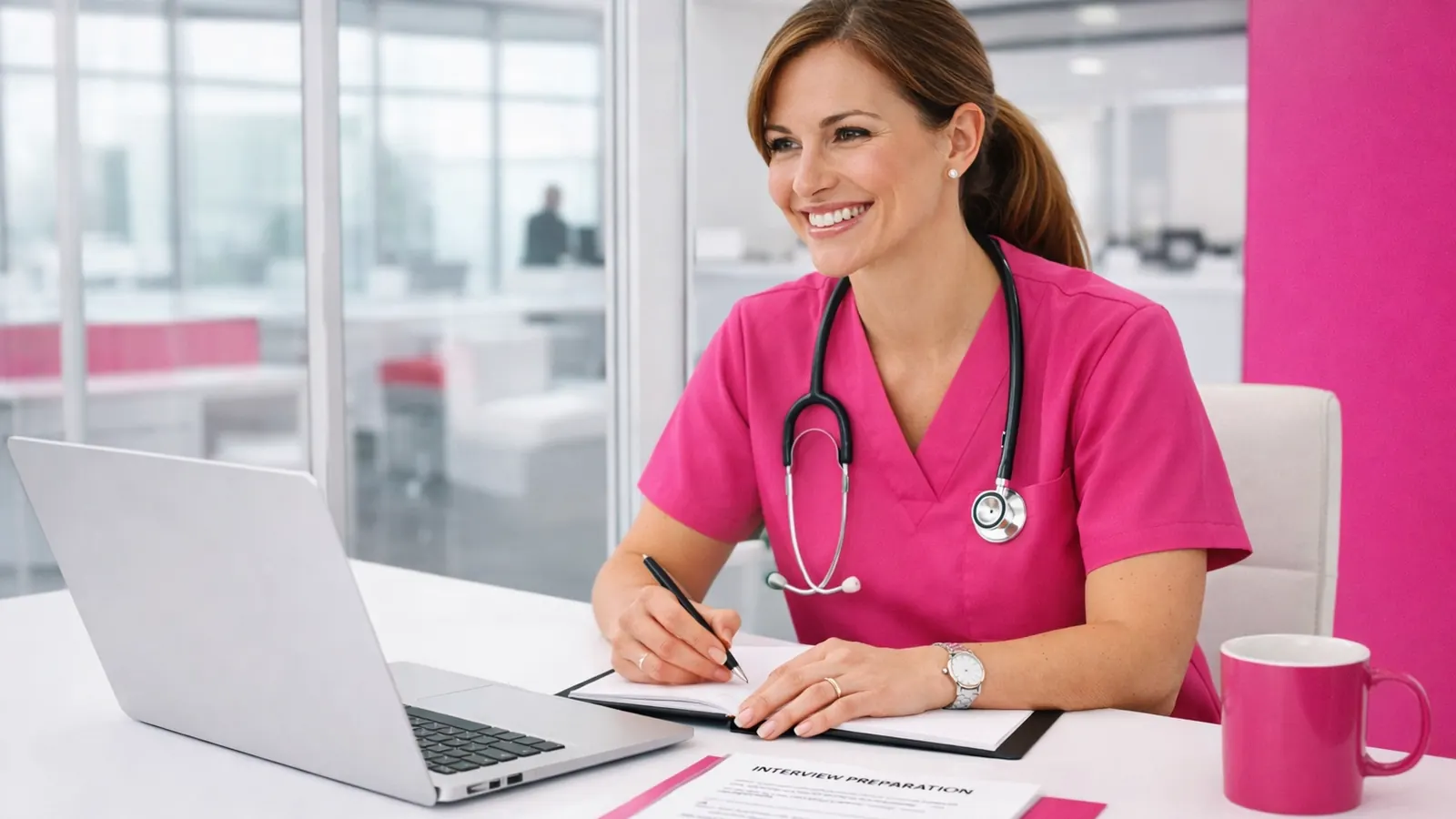 Nurse writing notes at a desk