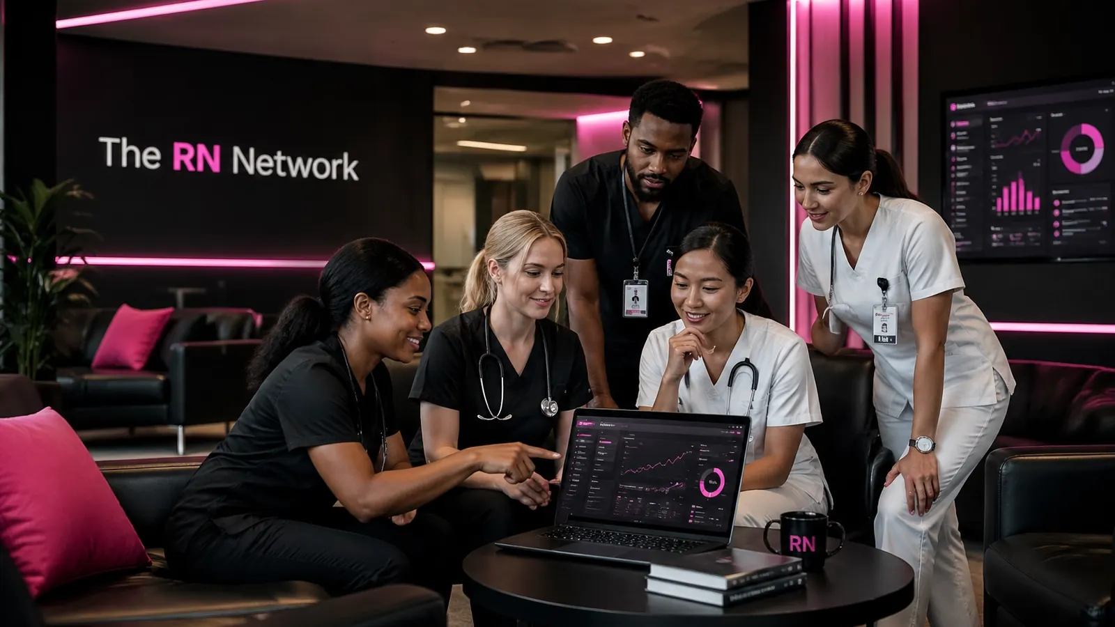 Nurses collaborating around a laptop in a lounge