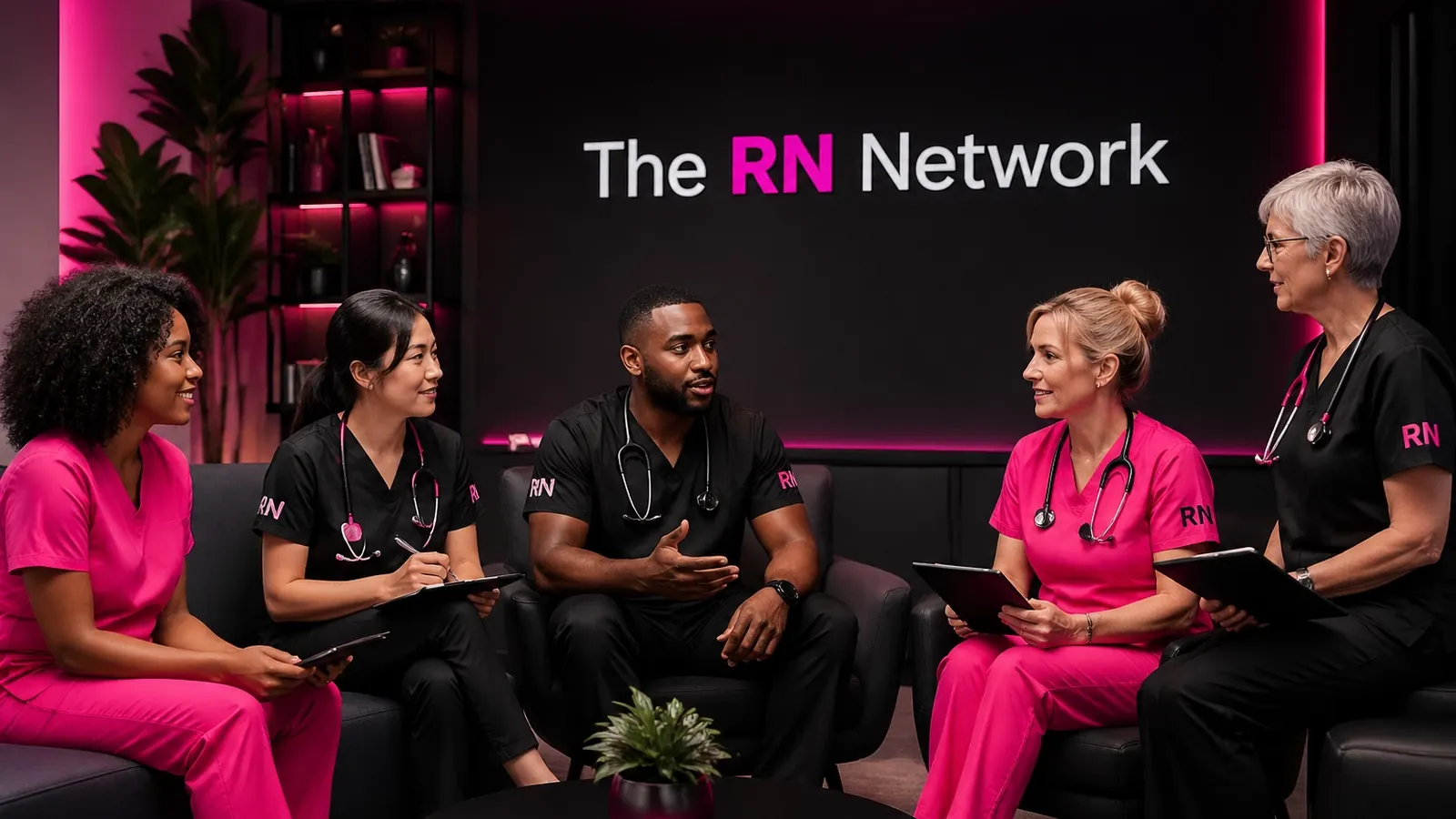 Nurses meeting together in a modern lounge