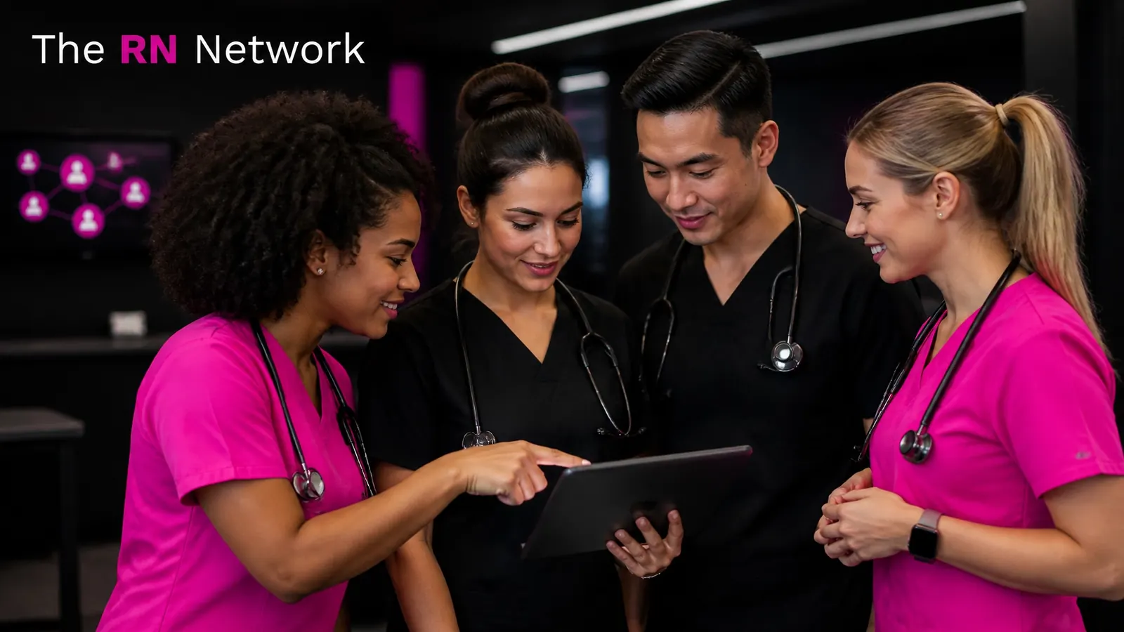 Nurses networking around a tablet