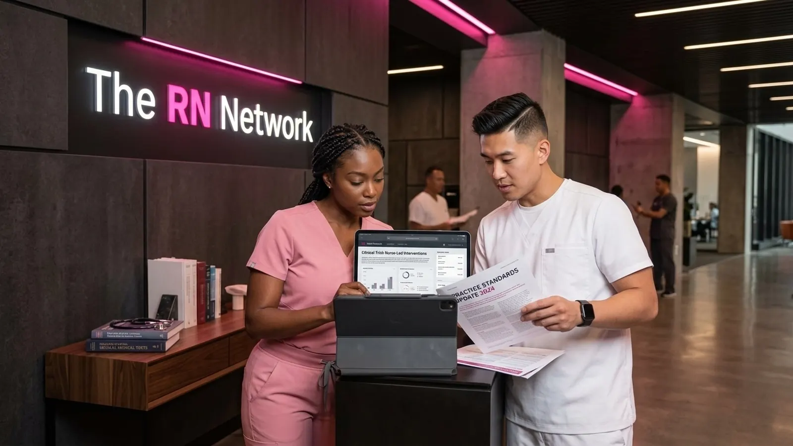 Two nurses reviewing documents at a front desk