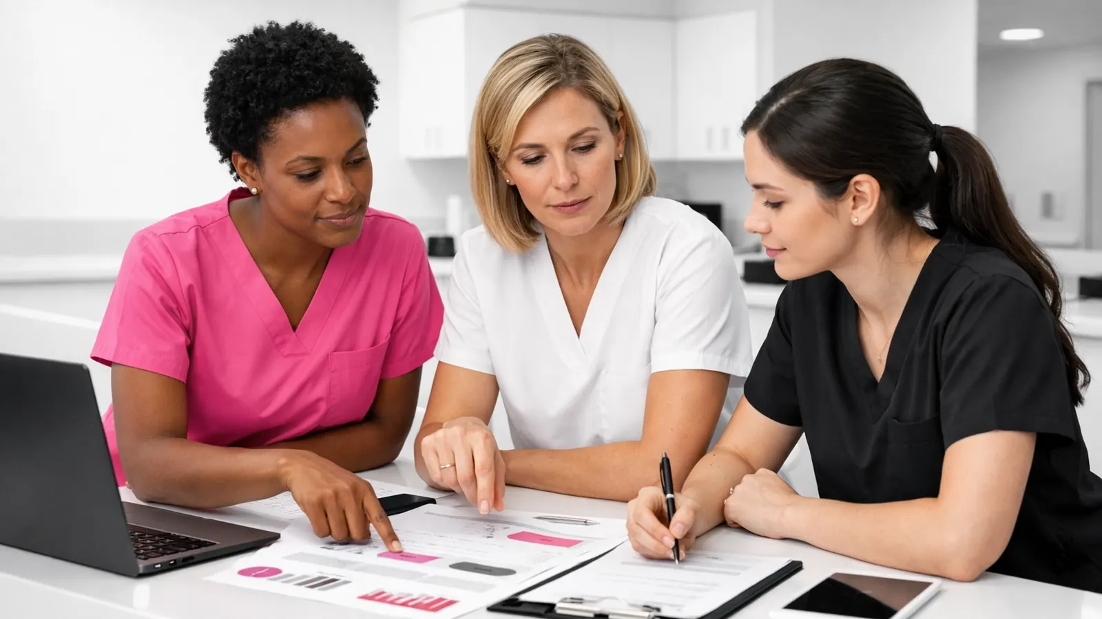 Three nurses reviewing materials together