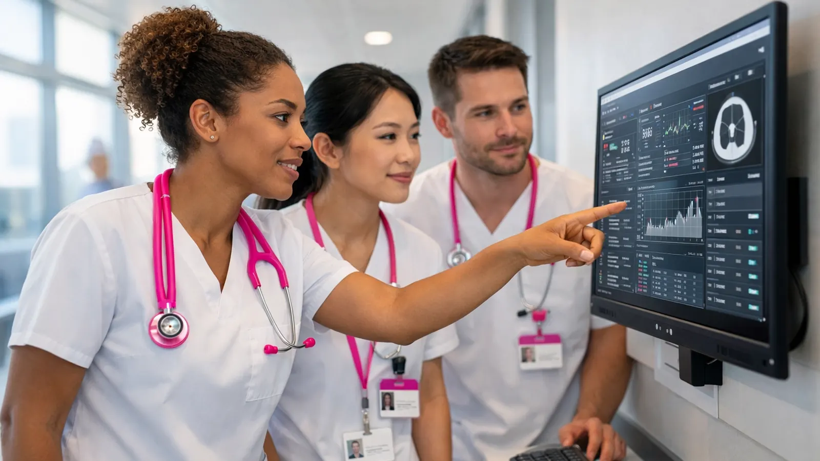 Nurses reviewing a monitor at the nurses station