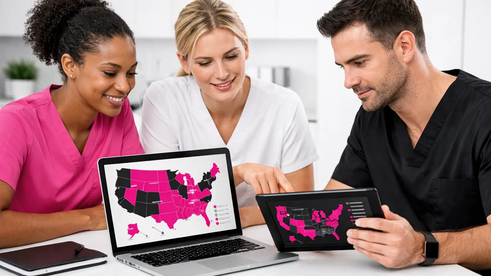 Nurses reviewing a state map on a laptop