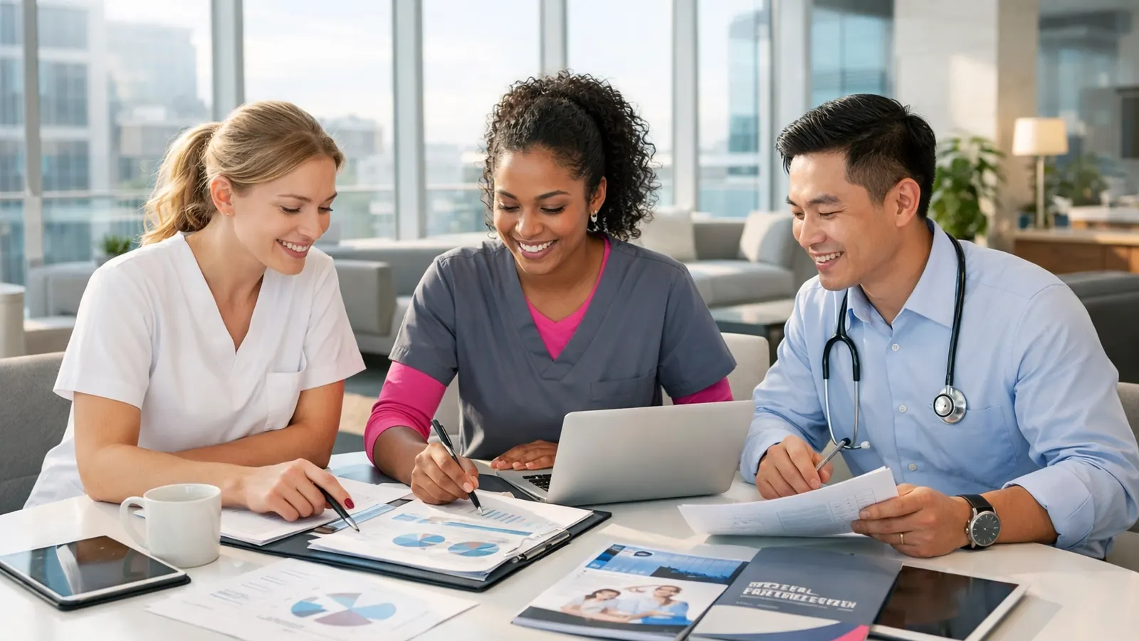 Nurses studying course materials together at a table