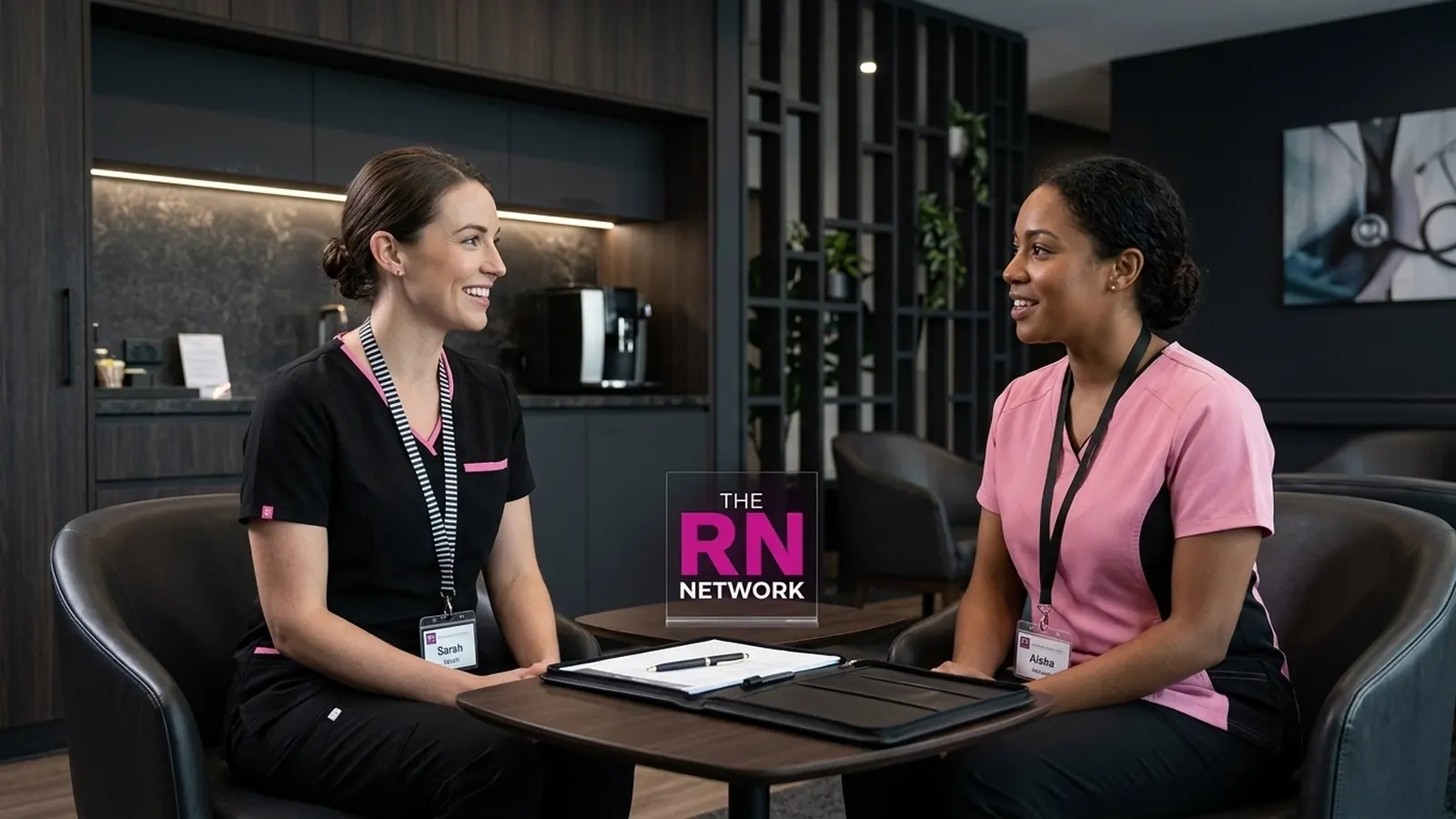 Two nurses talking in a break room
