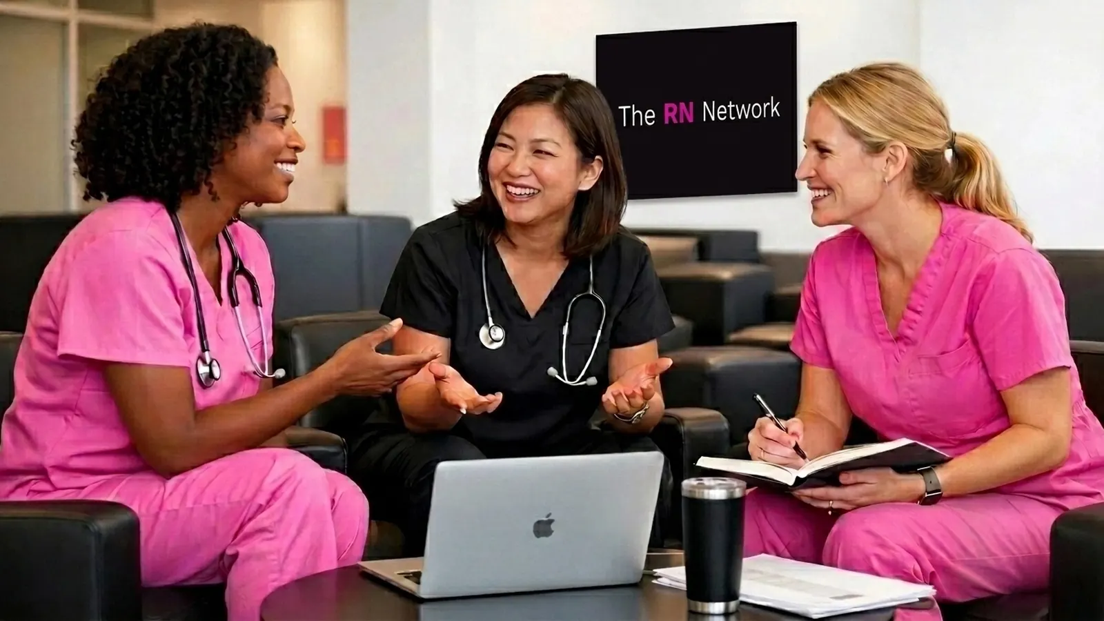 Nurses talking together in a lounge