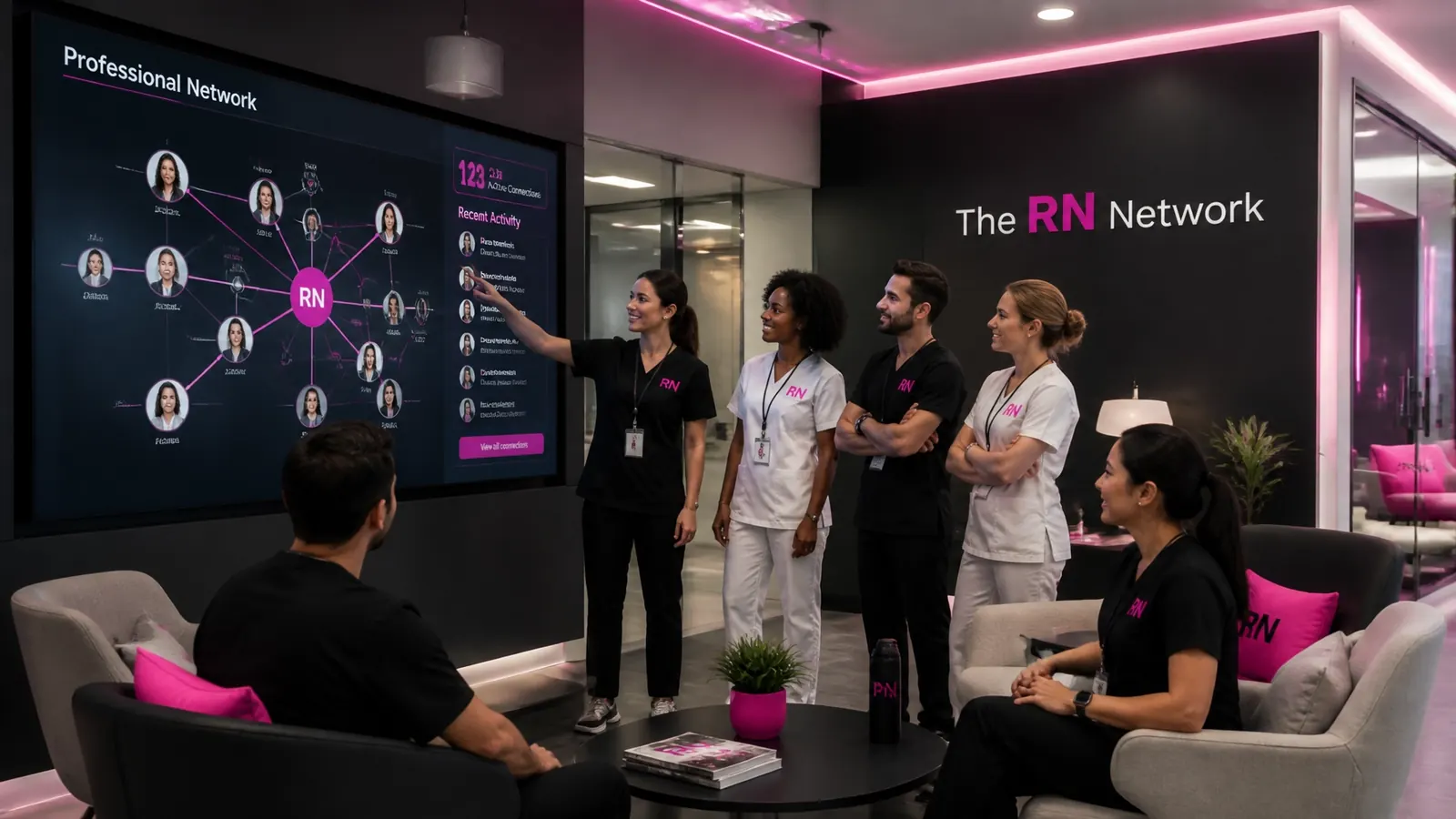 Nurses viewing a professional network on a large screen