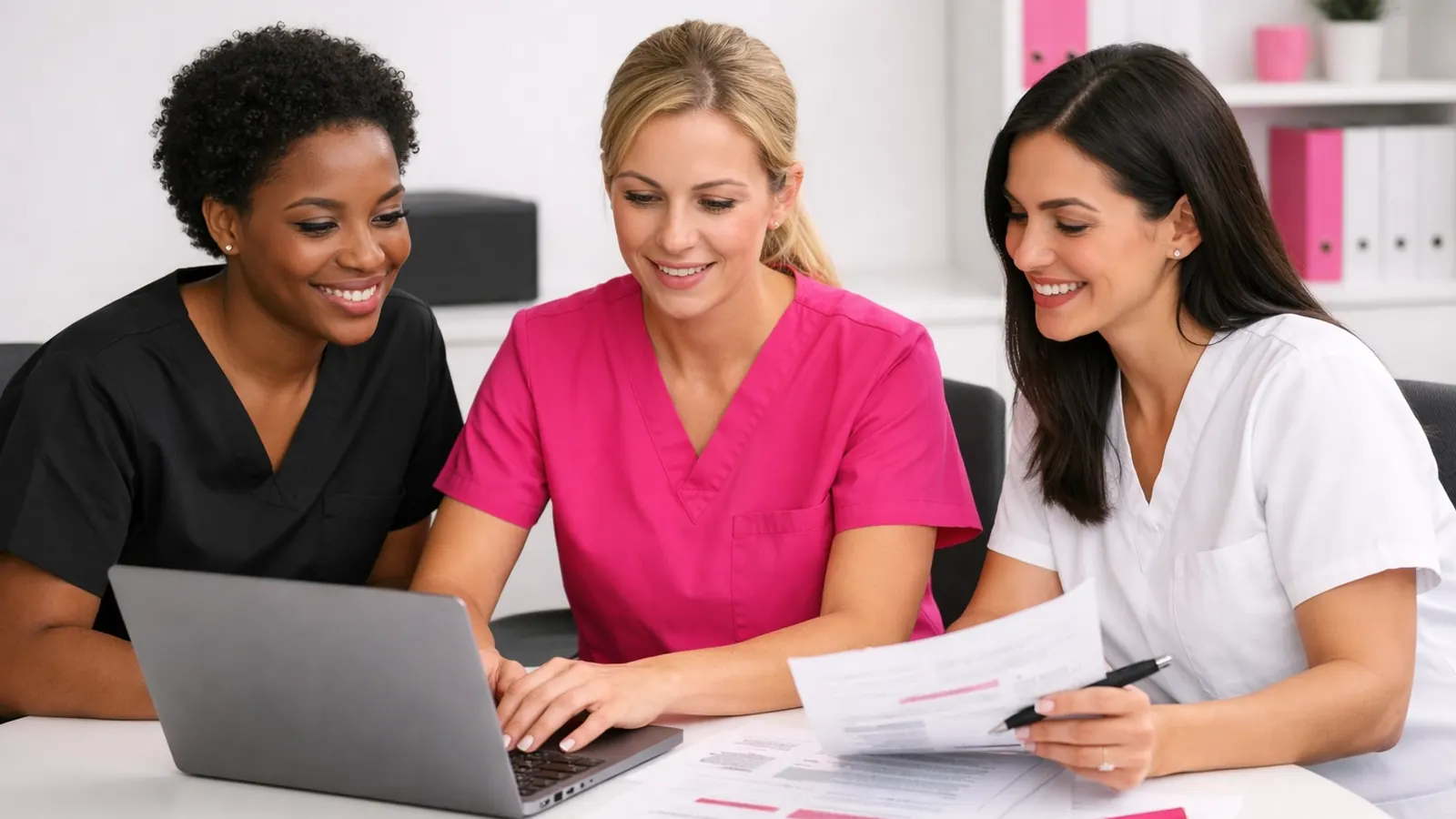 Three nurses working together at a laptop