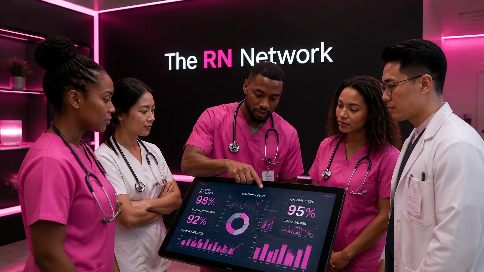 Nursing team reviewing performance data on a tablet