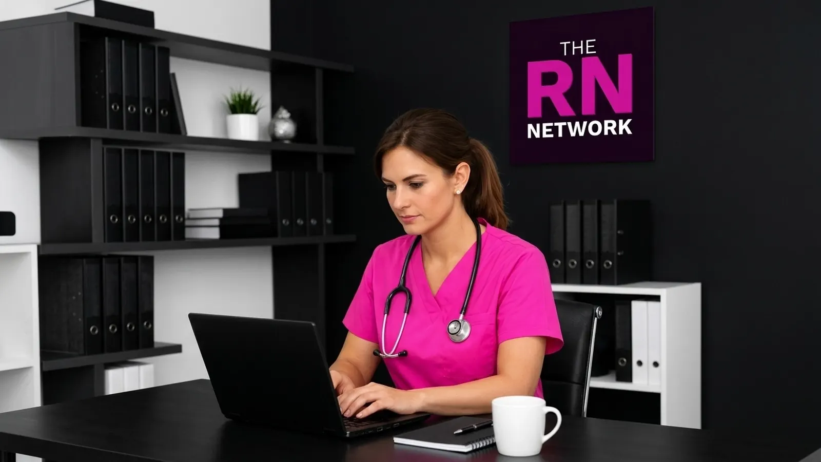 Registered nurse in pink scrubs working on a laptop in a modern office