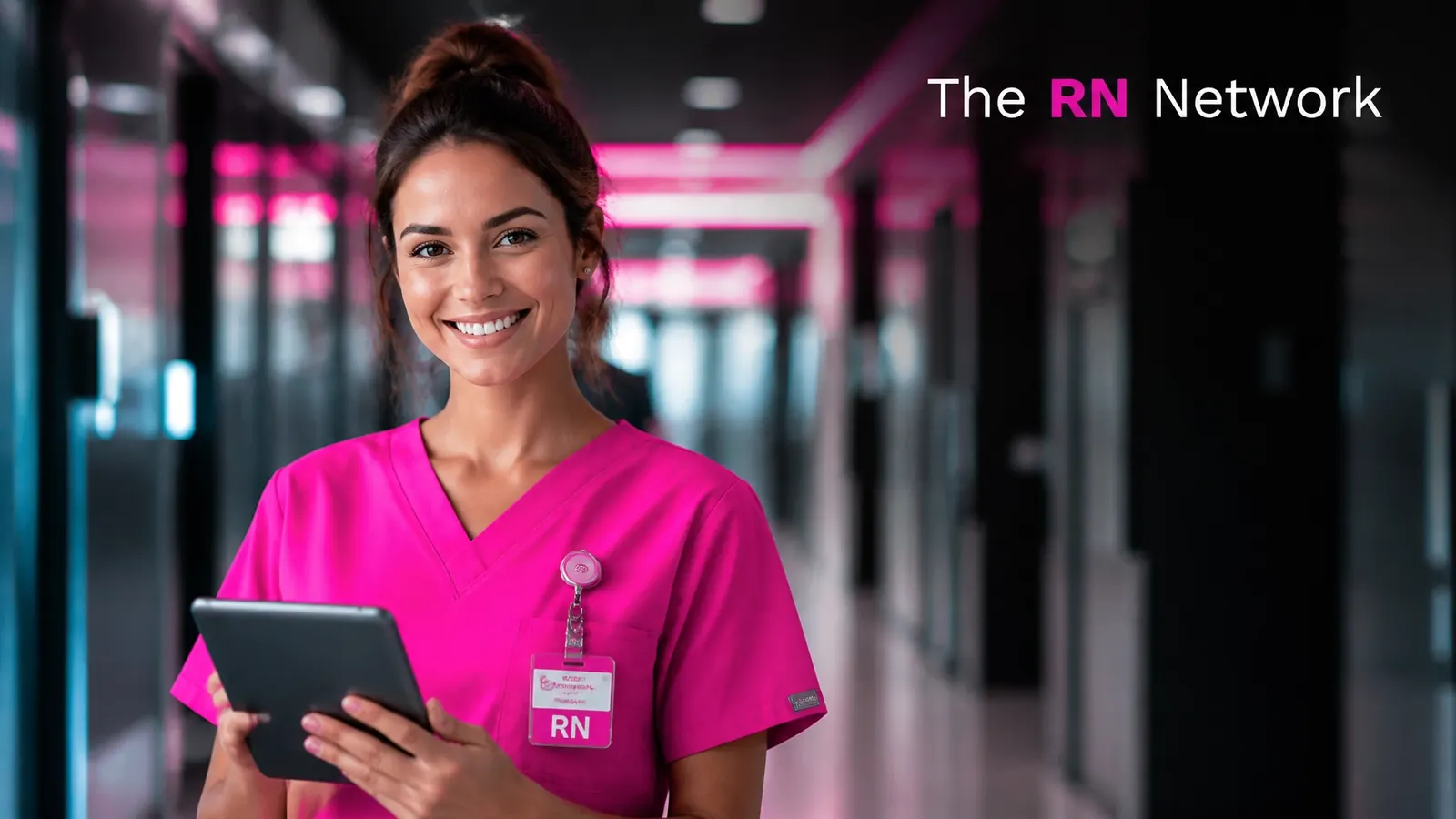 Smiling nurse holding a tablet in a hallway — The RN Network represents nurses to employers