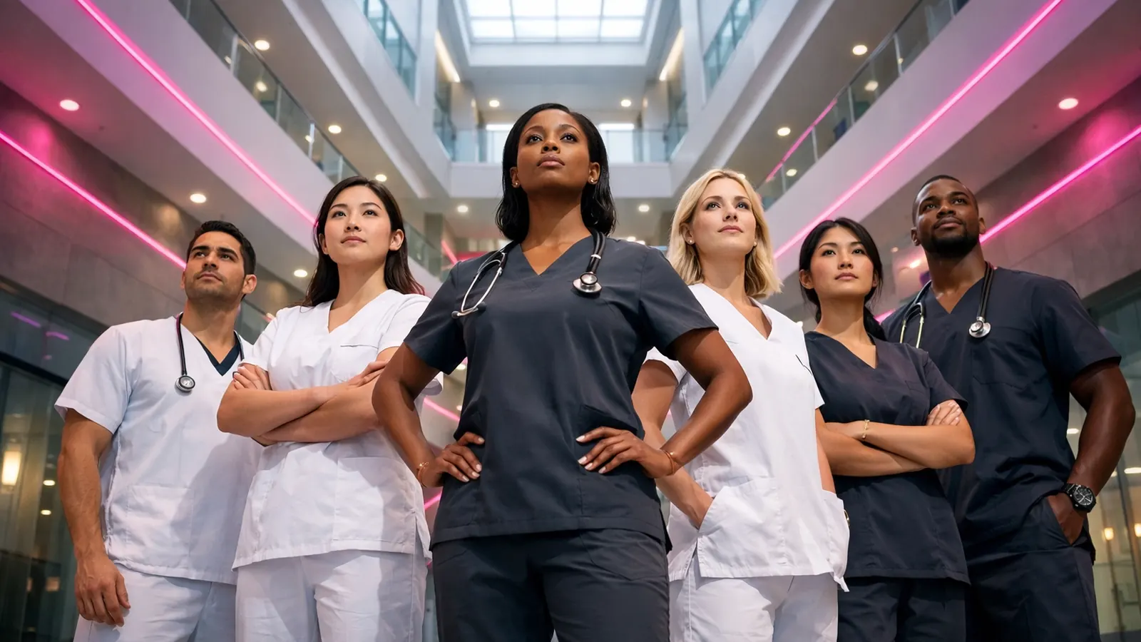 Team of nurses standing together in a hospital