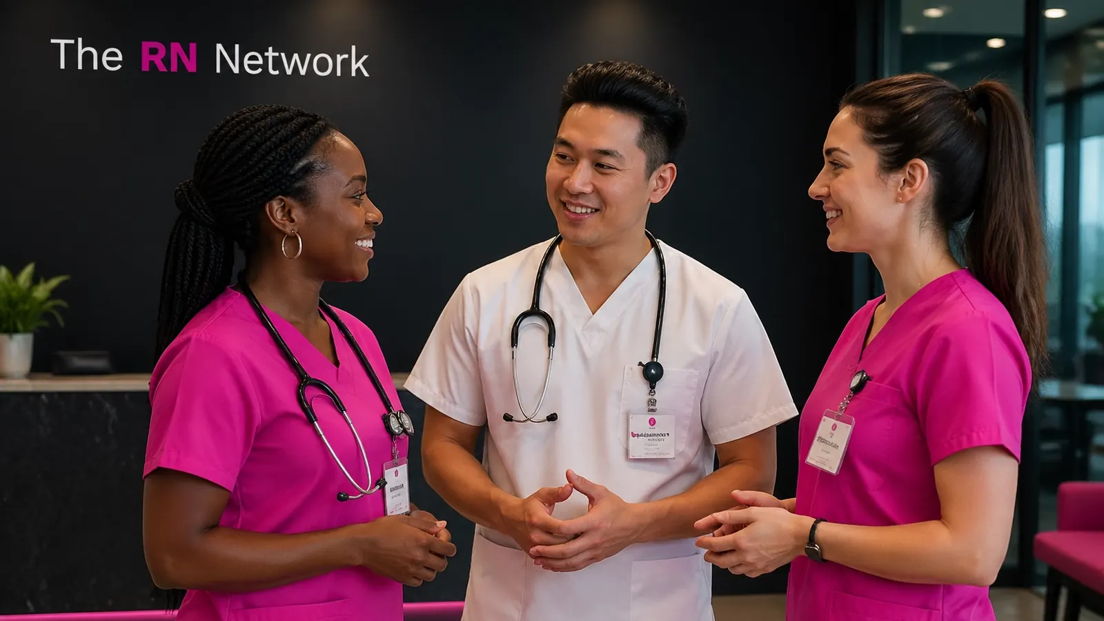 Three nurses chatting in an office