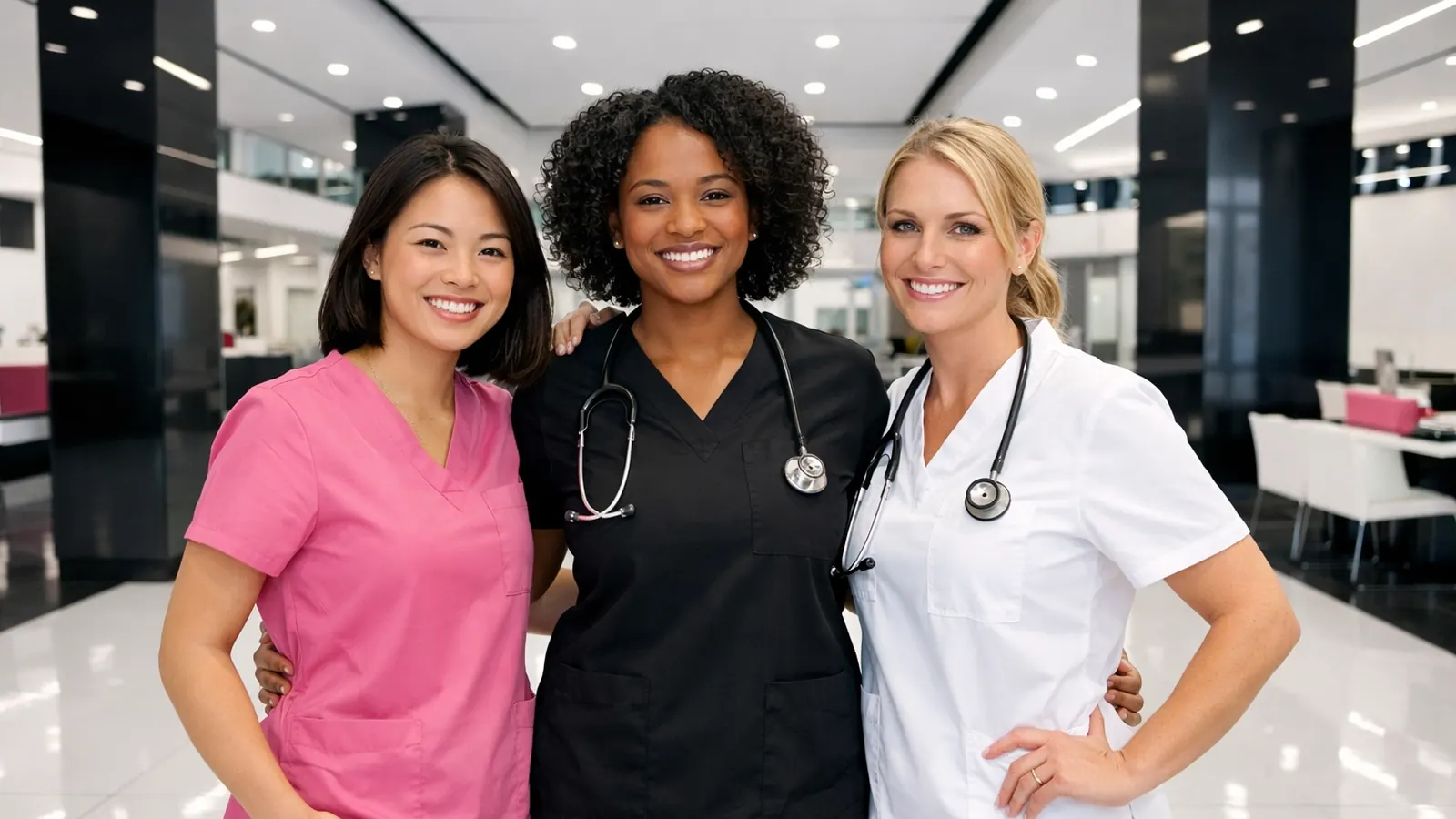 Three smiling nurses in pink, black and white scrubs