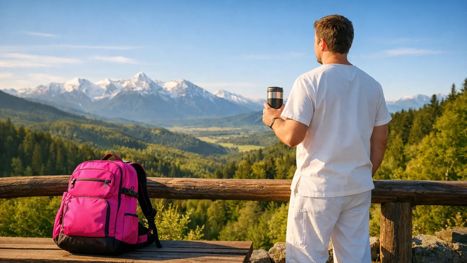 Travel nurse overlooking mountains with a pink backpack