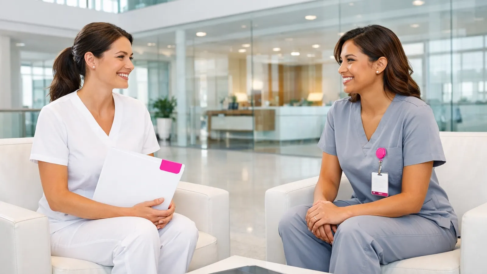Two nurses meeting in a bright hospital lobby