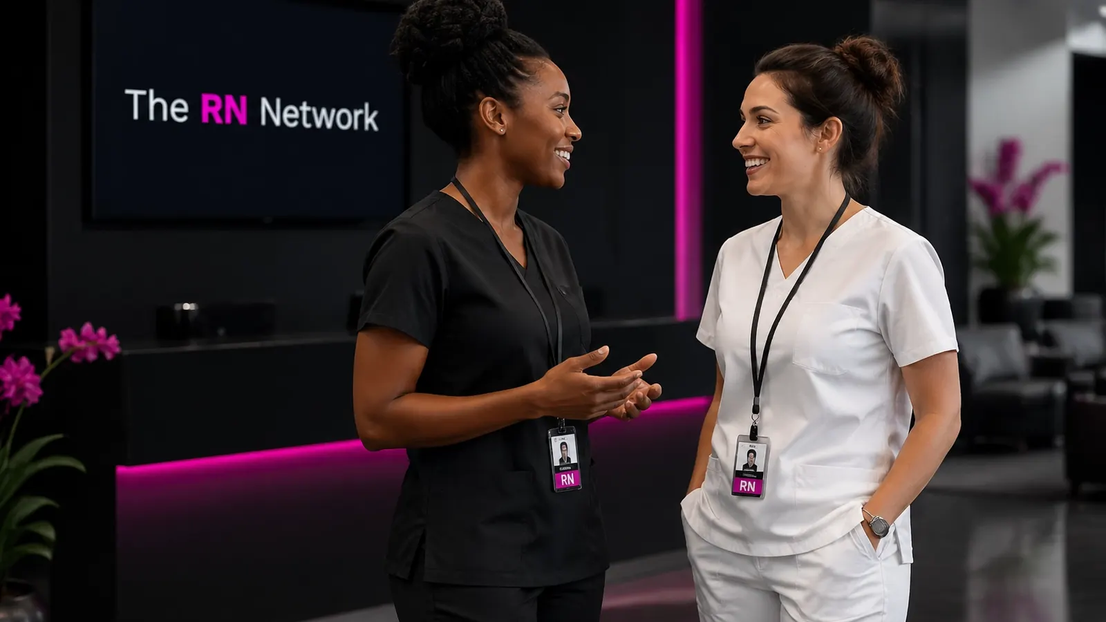 Two nurses talking in a stylish office lobby