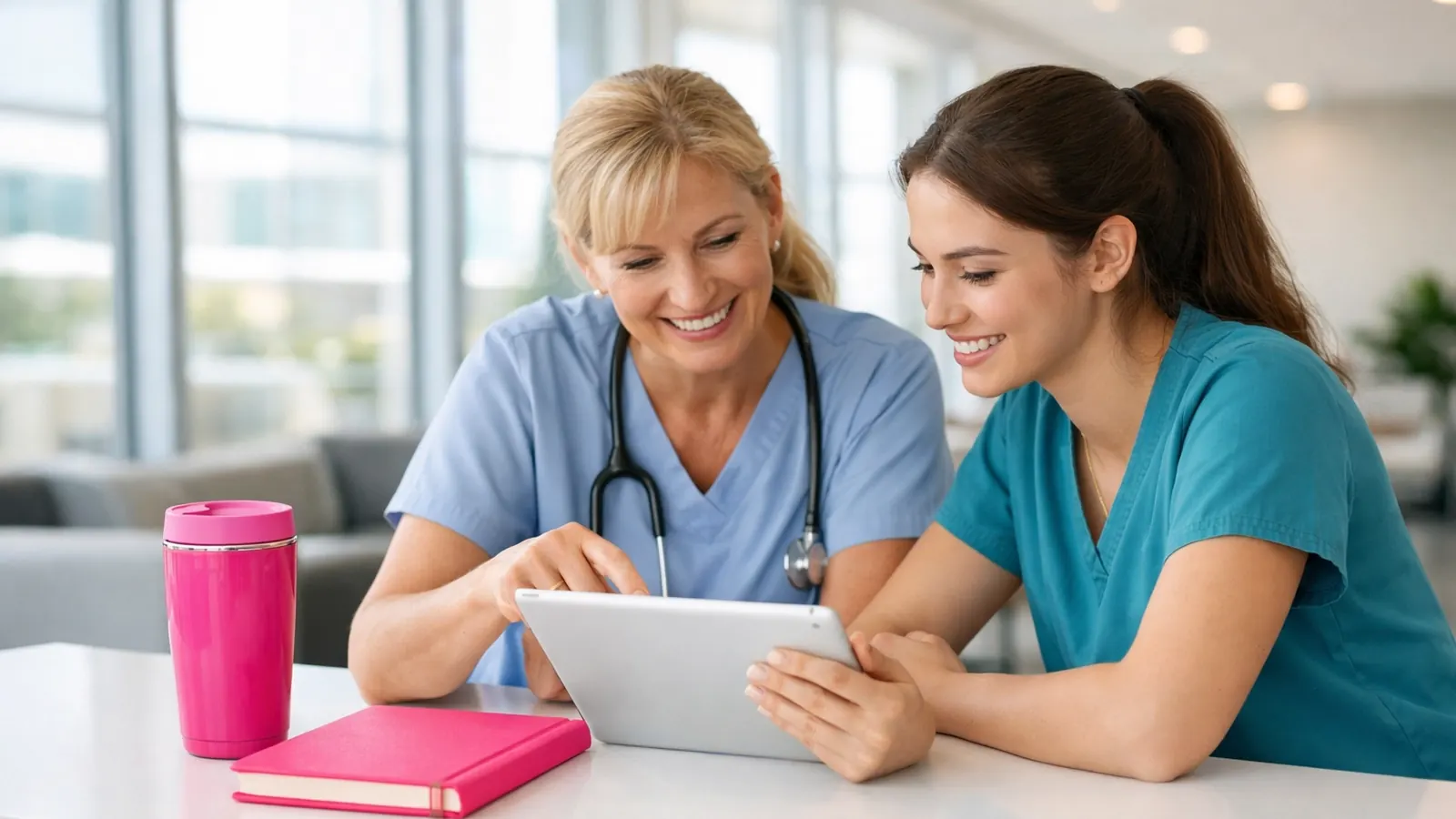 Two nurses using a tablet at a table